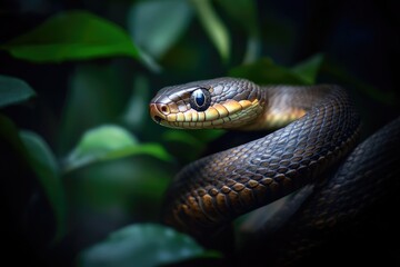 Fototapeta premium A close-up of a snake among lush green leaves, showcasing its scales and vivid eyes in a serene natural habitat.