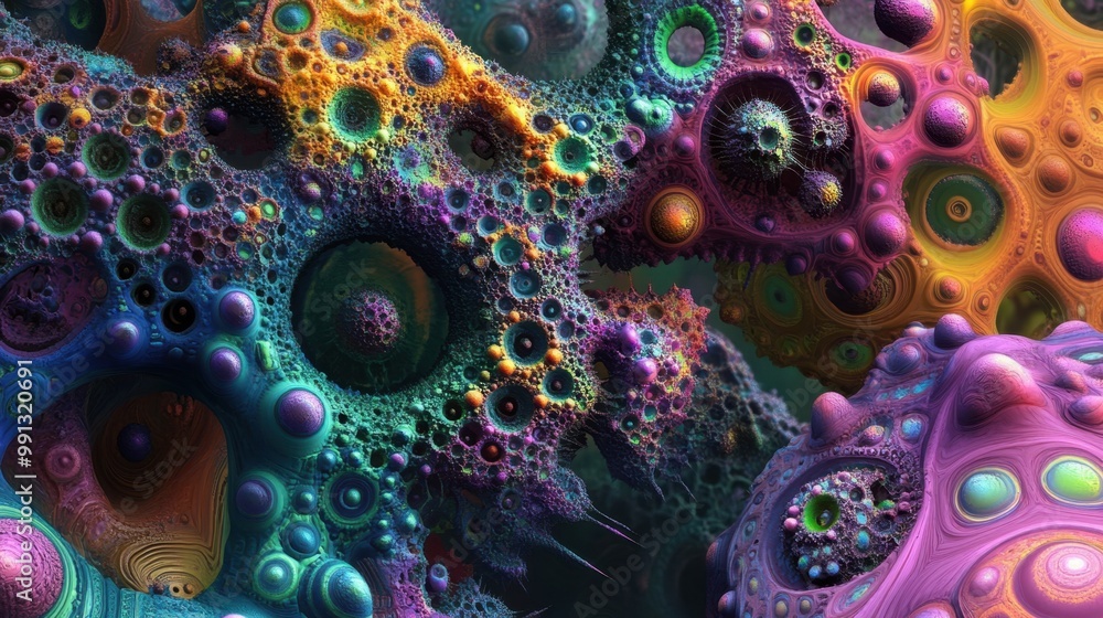 Poster vibrant and intricate fractal patterns create a mesmerizing landscape of colors and shapes in a digi
