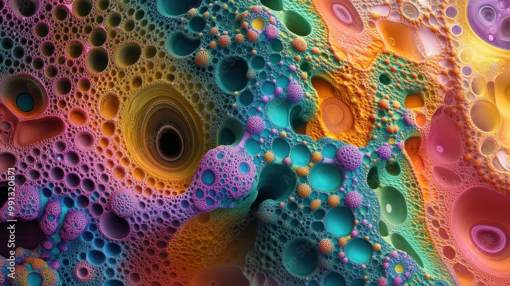 Poster vibrant abstract patterns resembling colorful bubbles and textures amidst swirling colors and intric