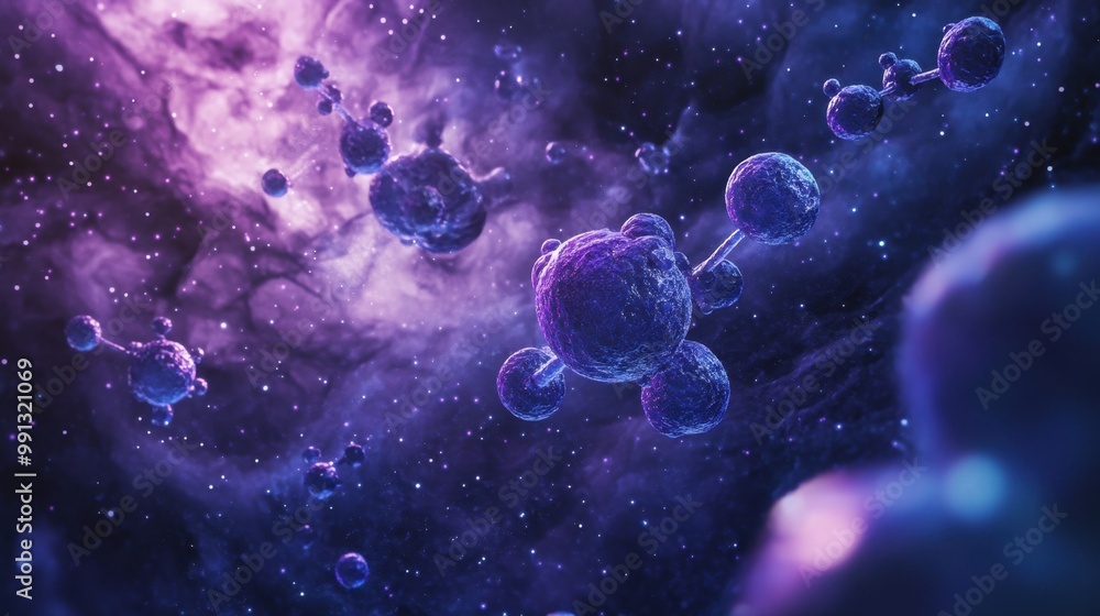 Poster exploring the vibrant realm of molecular structures floating amidst cosmic wonders in deep space
