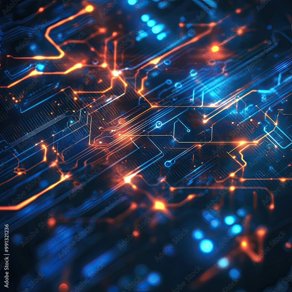 Poster abstract digital background featuring vibrant blue and orange lights with intricate circuit patterns