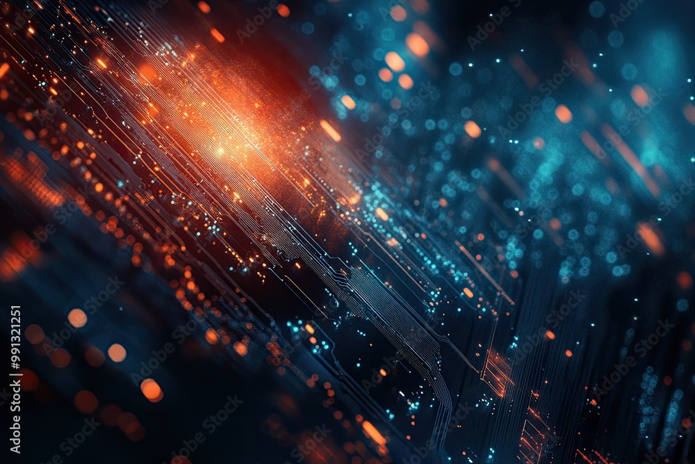 Poster abstract digital background featuring vibrant blue and orange lights, creating a mesmerizing visual 