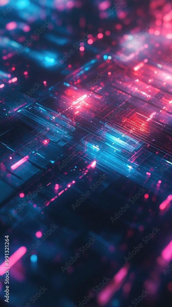 Poster abstract digital background featuring vibrant blue and pink lights arranged in a grid pattern, creat