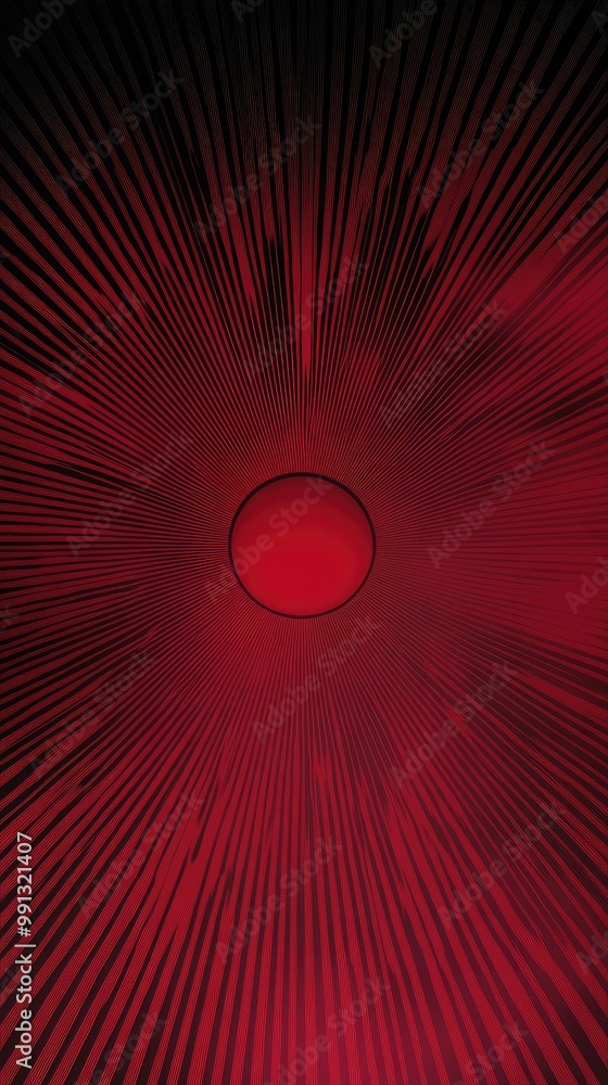 Poster an abstract red background featuring radial lines converging towards a central circle, perfect for m