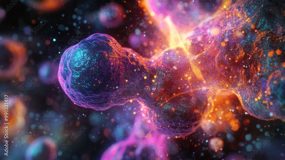 Poster stem cells dividing and multiplying under a high-powered microscope, glowing softly with detailed ce