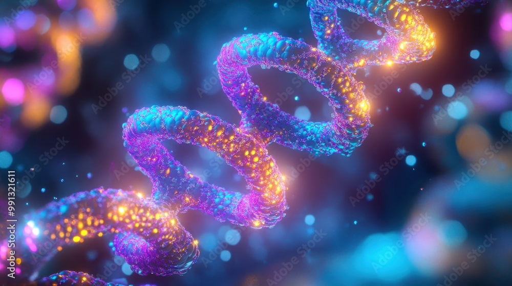 Poster a vibrant and intricate representation of a dna strand illuminated by colorful luminescence in a dig