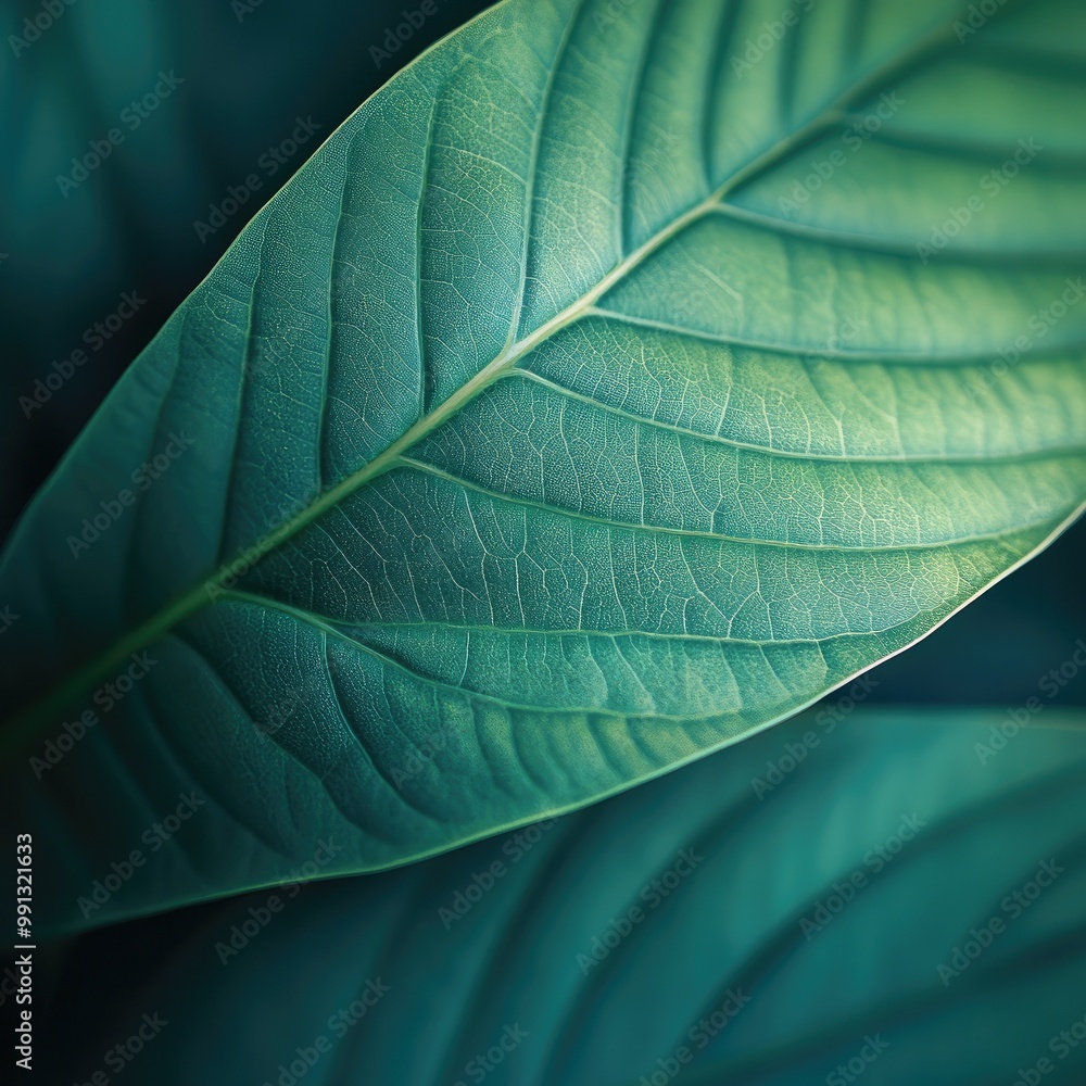 Poster close-up view of a vibrant green leaf showcasing intricate textures and patterns, perfect for nature
