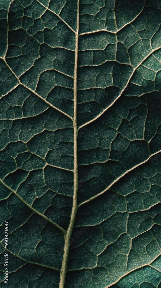Poster close-up of a textured green leaf showcasing intricate veins and patterns, perfect for nature and de