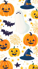 Hand-drawn cute Halloween Instagram Stories or phone wallpaper, vector illustration with a playful and whimsical style, featuring cute ghosts, pumpkins, black cats, witch hats, spider webs, stars, and