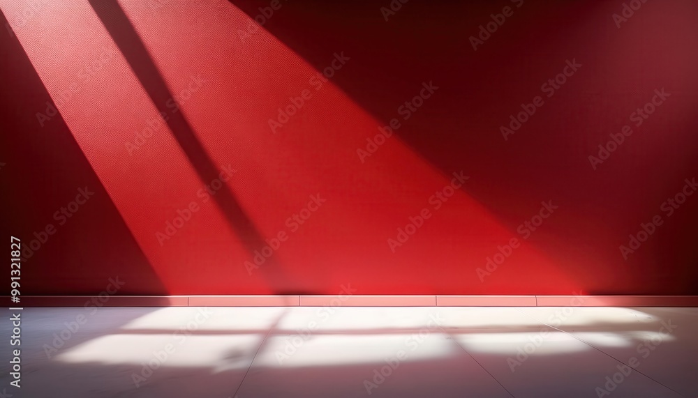 Poster abstract sunlight shadows on red wall. minimalist interior scene with geometric light patterns on sm