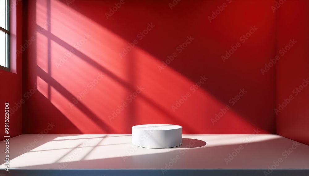 Leinwandbilder abstract sunlight shadows on red wall. minimalist interior scene with geometric light patterns on sm