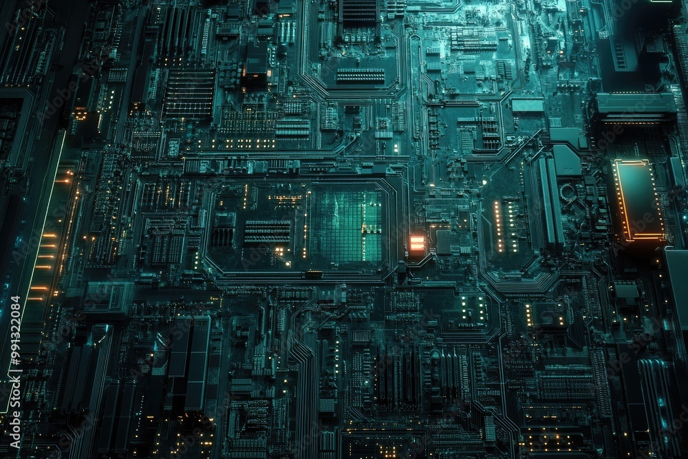 Poster high-tech circuit board close-up, showcasing intricate patterns and glowing elements in a futuristic