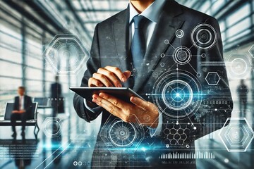 A businessman in a suit using a tablet with a futuristic digital interface overlay