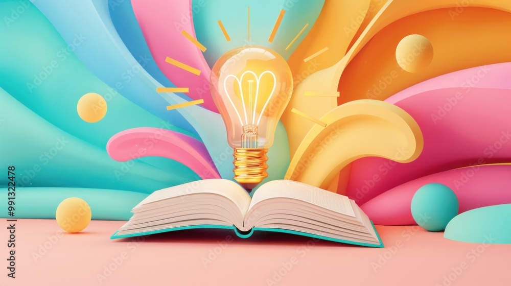 Poster creative knowledge concept with open book and light bulb surrounded by colorful waves and spheres.