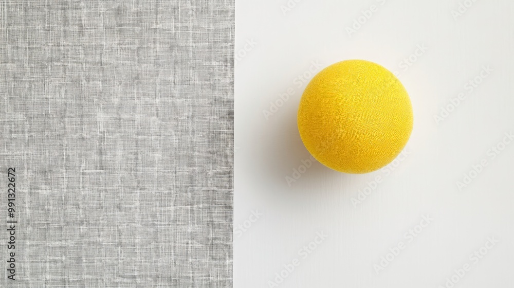 Poster yellow fabric ball and gray cardboard on a flat white background modern color scheme with ample copy