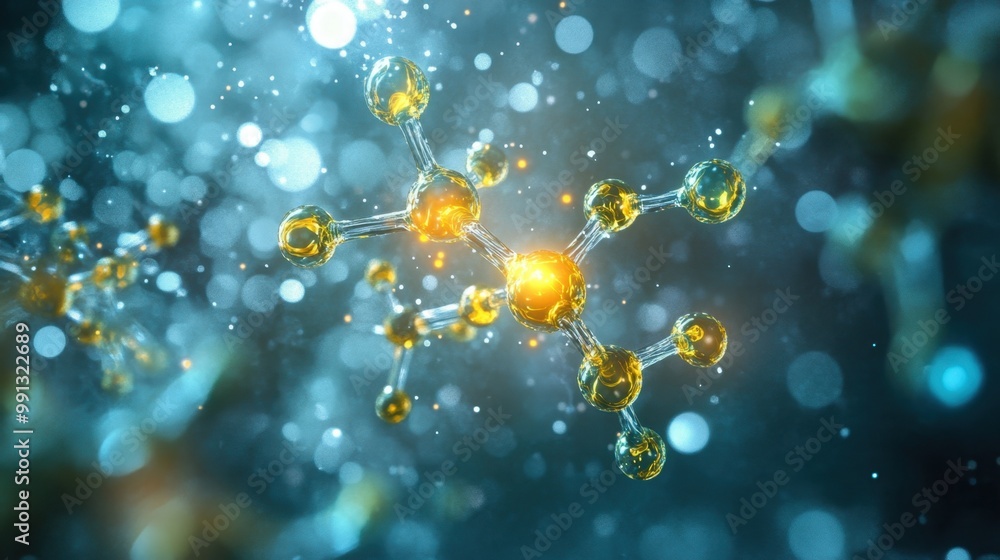 Poster a vibrant display of molecular structures illuminated by soft light in a dynamic, swirling environme