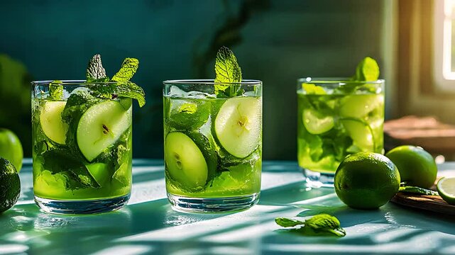 Refreshing green apple mojito cocktails with mint and lime, served in a bright setting, perfect for summer drinks and tropical refreshment.

