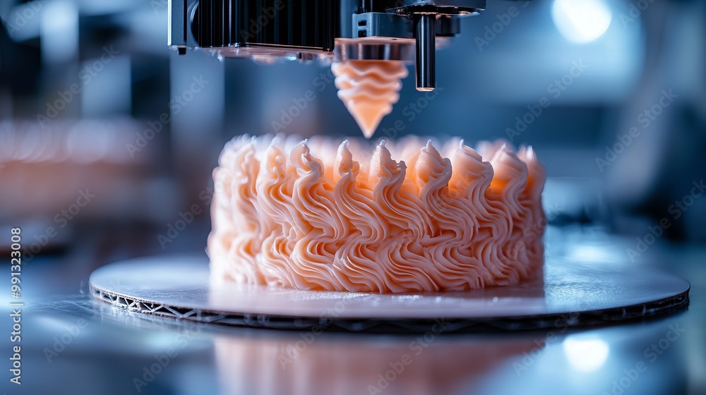 Poster A cake being decorated with intricate frosting patterns by a 3D printer.