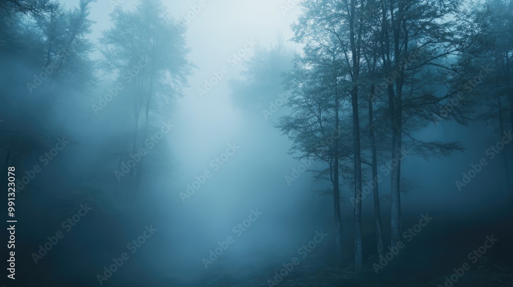 Poster a foggy forest scene with ethereal mist enveloping the trees