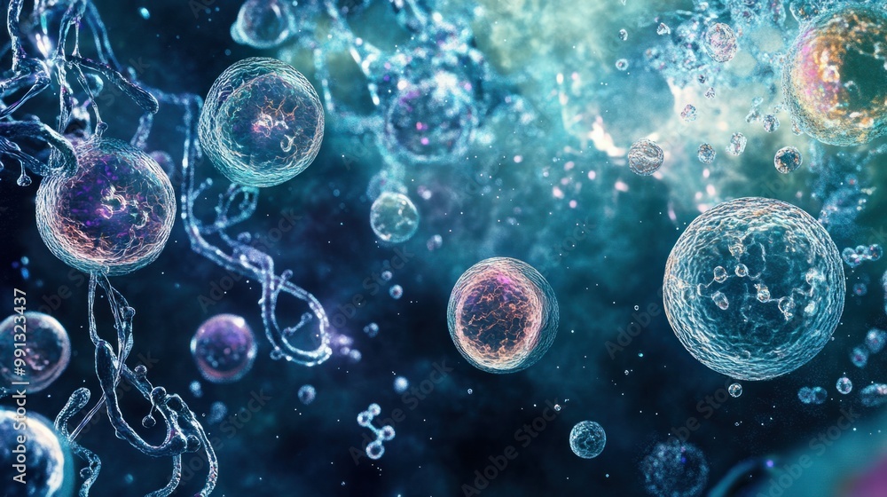 Poster stem cells floating in a clear fluid, with dna strands and molecules forming in the background to sy