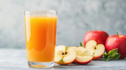 Fototapeta premium Apple juice splashing out of a glass with fresh apple slices in motion apple juice splash, crisp refreshment
