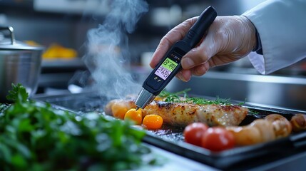 A chef uses a thermometer to check the temperature of cooked chicken with garnishes.