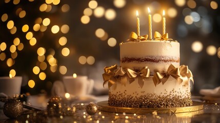 Golden tiered birthday cake featuring four lit candles adorned with shiny golden ribbons and surrounded by a bokeh light backdrop