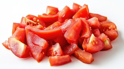Slices of chopped tomatoes on a white background