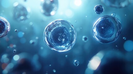 Stem cells floating in a liquid solution, illuminated by soft blue light in a futuristic lab setting, representing regenerative medicine.