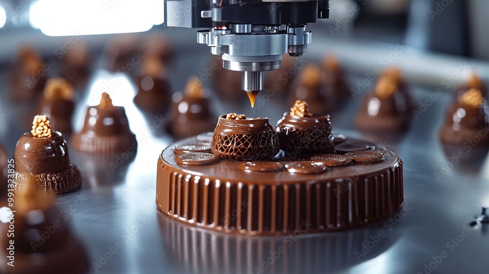 Poster a chocolate production process featuring a precision machine creating intricate designs.