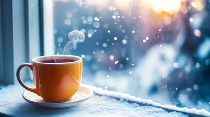 Obraz premium Steaming mug of tea on a windowsill, with a snowy winter scene outside