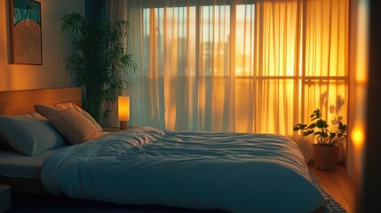 Fototapeta premium A well designed bedroom for enhanced sleep featuring blackout curtains soundproofing and temperature regulation reflecting the increasing focus on sleep health