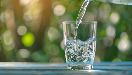 Pouring pure water into glass on light blue wooden table against blurred background