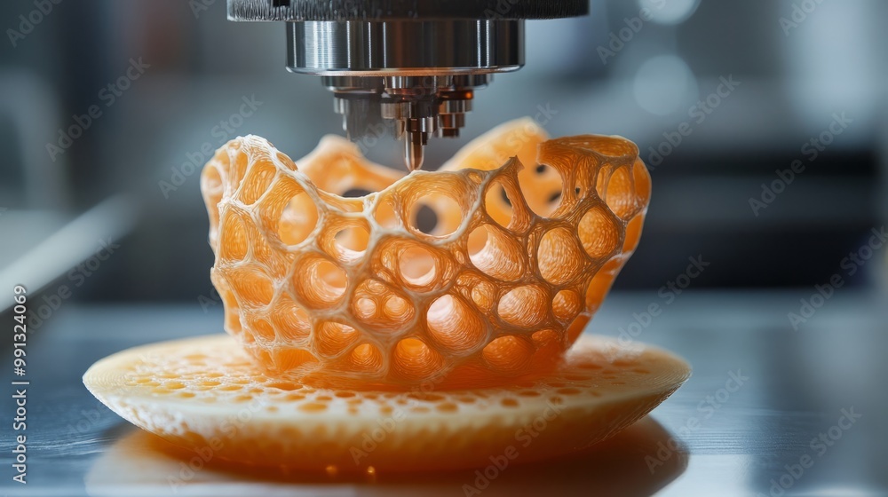 Poster a close-up of a 3d printer creating a detailed, organic structure resembling honeycomb.