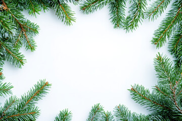 Christmas border made with snowy fir branches on a white background, providing ample copy space