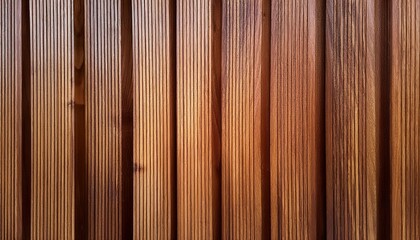 Fototapeta premium Close-Up of Textured Wooden Wall with Vertical Grooves, Showcasing Natural Wood Grain and Warm Tones of Brown and Orange, Highlighting the Symmetry and Craftsmanship of Finely Carved Wooden Planks