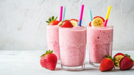 Three glass cups of strawberry banana smoothie with colorful straws and fresh strawberries on a white background featuring ample copy space