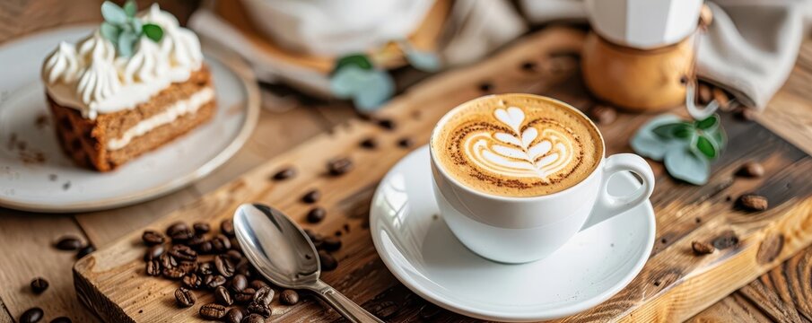 Elegant coffee setup with cappuccino and dessert in natural light, coffee and cake, cozy cafe experience