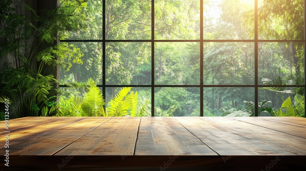 Aufkleber empty wooden table with minimalist decor and a large window that opens up to a lush forest view high