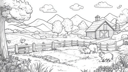 Obraz premium Farm Scene with Pigs and a Barn