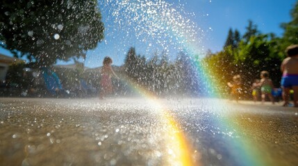 Fototapeta premium A faint rainbow seen in the spray of a garden hose, with kids playing in the background under a sunny afternoon sky.