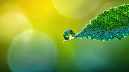 A pristine raindrop clings delicately to a vibrant green leaf in the gentle morning light of a tranquil forest setting