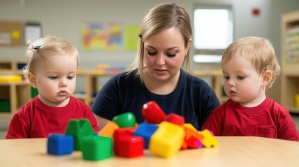 Caregiver teaching toddlers how to share toys in a daycare playroom   social skills, daycare learning