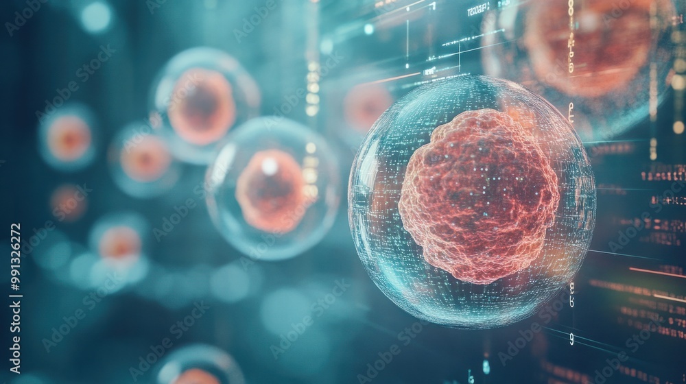 Poster stem cells suspended in a transparent liquid with a background of digital data, representing the fut