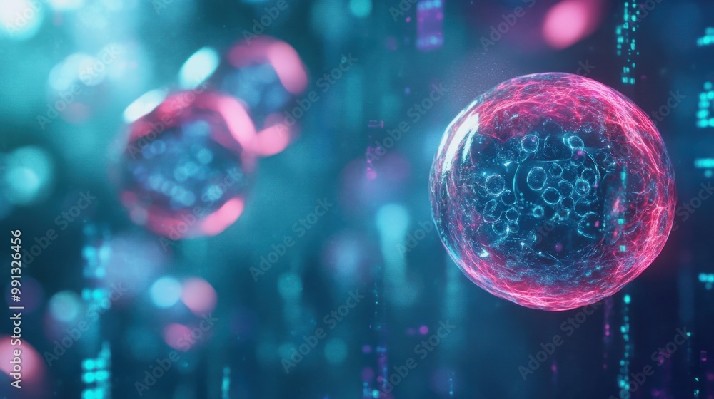 Poster stem cells suspended in a transparent liquid with a background of digital data, representing the fut