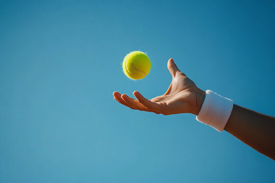 Close-up of a tennis player tossing a ball in preparation for a serve, set against a clear blue sky