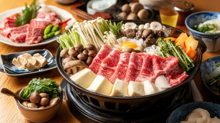A beautifully arranged Shabu-Shabu spread with colorful ingredients including beef, tofu, and mushrooms, placed around a hot pot.