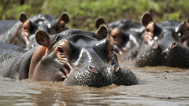 A group of hippos lounging in a muddy river, half-submerged with their eyes and ears above the water, under the bright afternoon sun. - Powered by Adobe
