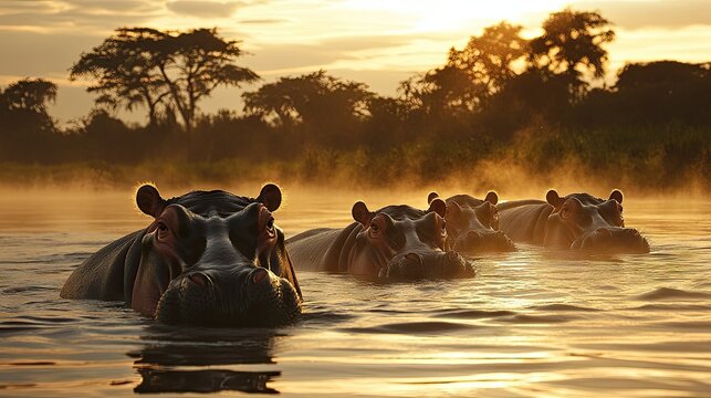 A group of hippos submerged in a river at dawn, with mist rising off the water and distant trees casting reflections in the background.