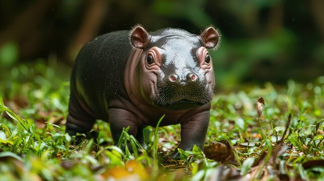 Baby pygmy hippo standing on grassy shore, curiously looking at the camera